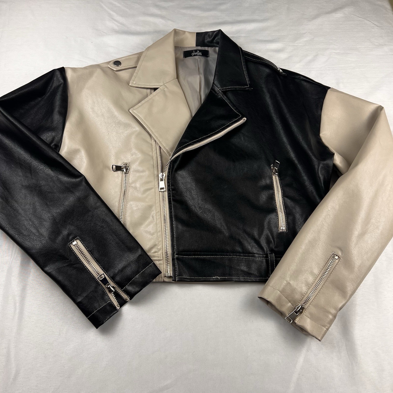 Vtg Y2k Amelia's Faux Leather Moto Jacket Black White Cropped Full Zip Biker Sm